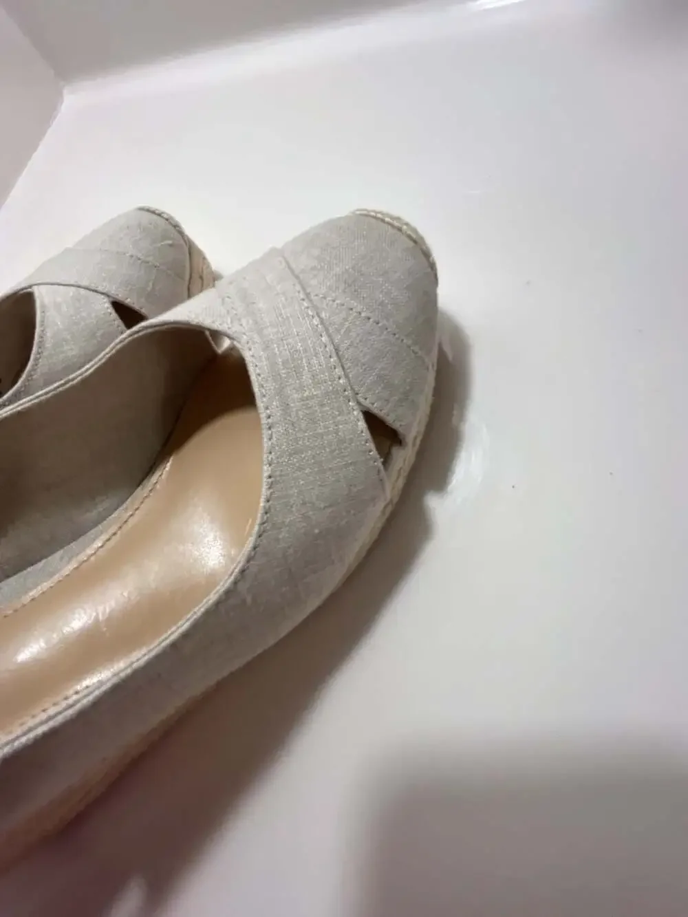 Lauren Ralph Lauren Beige Linen Slingback Wedge Espadrille Sandals